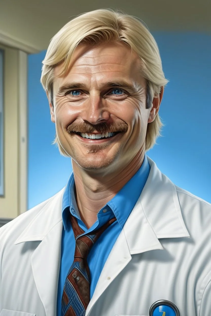 Mid-thirties, Caucasian male doctor, kind smile, blonde hair (slightly disheveled) thick blonde mustache, pale blue eyes, broad shoulders, muscular, six foot, Hawaiian shirt under white lab coat (with blood stains around the edges) , Strong Jaw line, encroaching shadowy tendrils,stethoscope draped around neck, photo realistic