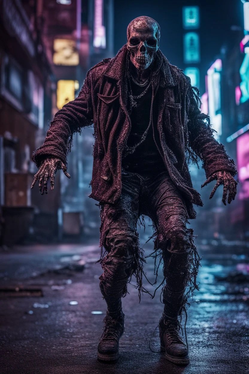 Extreme grandiose and cinematic photo in realistic colors ((cyber skeleton)) dirty realistic ragged clothes, dynamic pose and expression, in the city ally of neon tales, (sparks around) high lighting, intricate, 8k, macro photography,