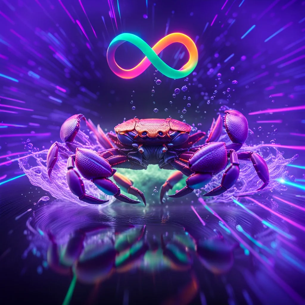 infinity symbol ∞ with vibrant powerful crab jumping out of the water, striking, neon, chiaroscuro, dramatic, captivating, powerful, fantasy, beautiful, octane render, 16k post-production, artstation: award-winning: atmospheric: commanding: fantastical: clarity: ultra quality: striking: brilliance: stunning colors: amazing depth; lens: f/11, 35mm