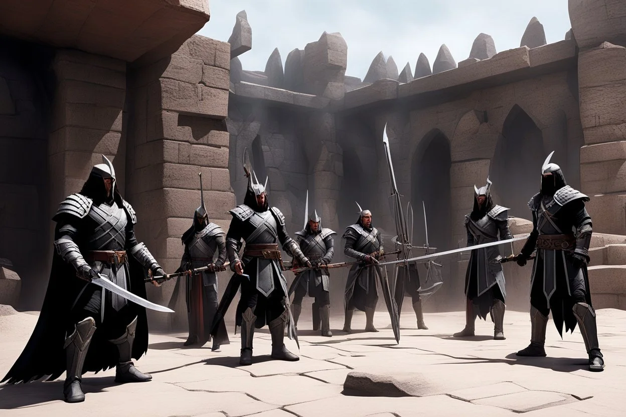 Four Klingon warriors gather in the stone courtyard of a fortress on Qo'noS, checking their traditional weapons before the battle. On the left, a warrior tests the weight of his massive bat'leth, while his comrades sharpen their d'k tahg daggers and mek'leth blades. Armor of leather, fur and spiked steel, braided hair, and banners of the Empire blowing in the cold mountain wind. No phasers. No mercy. Only Kahless' legacy. Inspired by Star Trek TNG / DS9 Klingon culture.