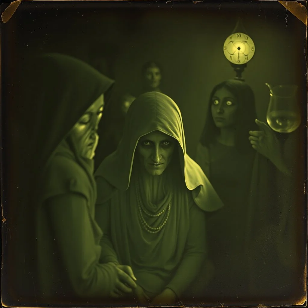 Daguerrotype close up some mysterious figures, odd background, Hieronymus Bosch Max Ernst ambient light, by Minicavio Quollati and Marlost Endgulp, Amano, Botticelli, Alphonse Mucha