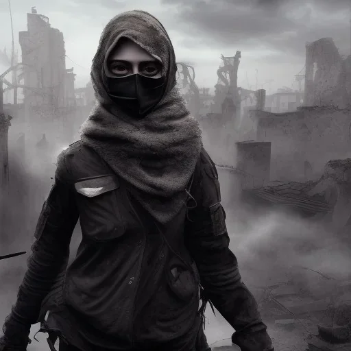 women, faces covered in black masks, ragged clothes, holding flag, war-torn, destroyed city in the background, 8k resolution, hyperrealistic, detailed matte painting, b&w, dynamic lighting, war, anarchy, terrorists