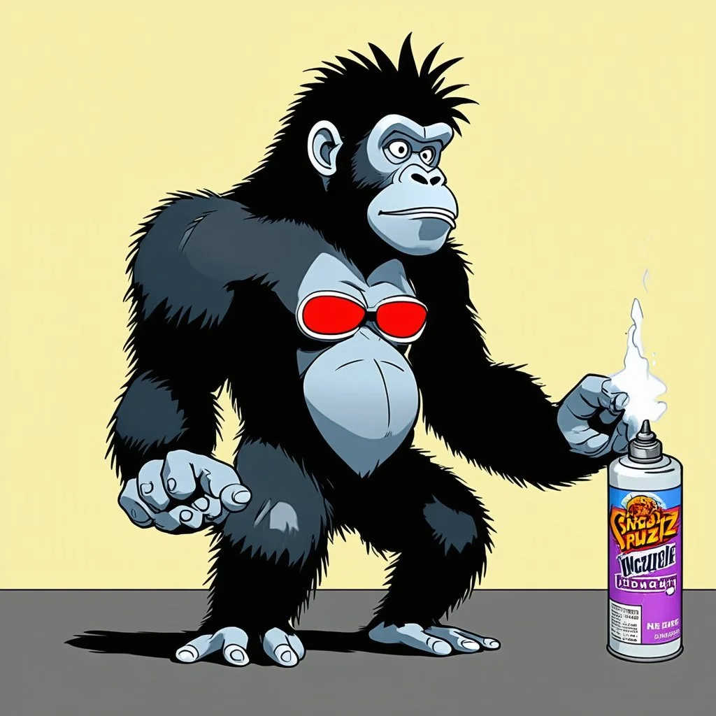 Gorillaz style cartoon Gorilla spraying glue by Jamie Hewlett