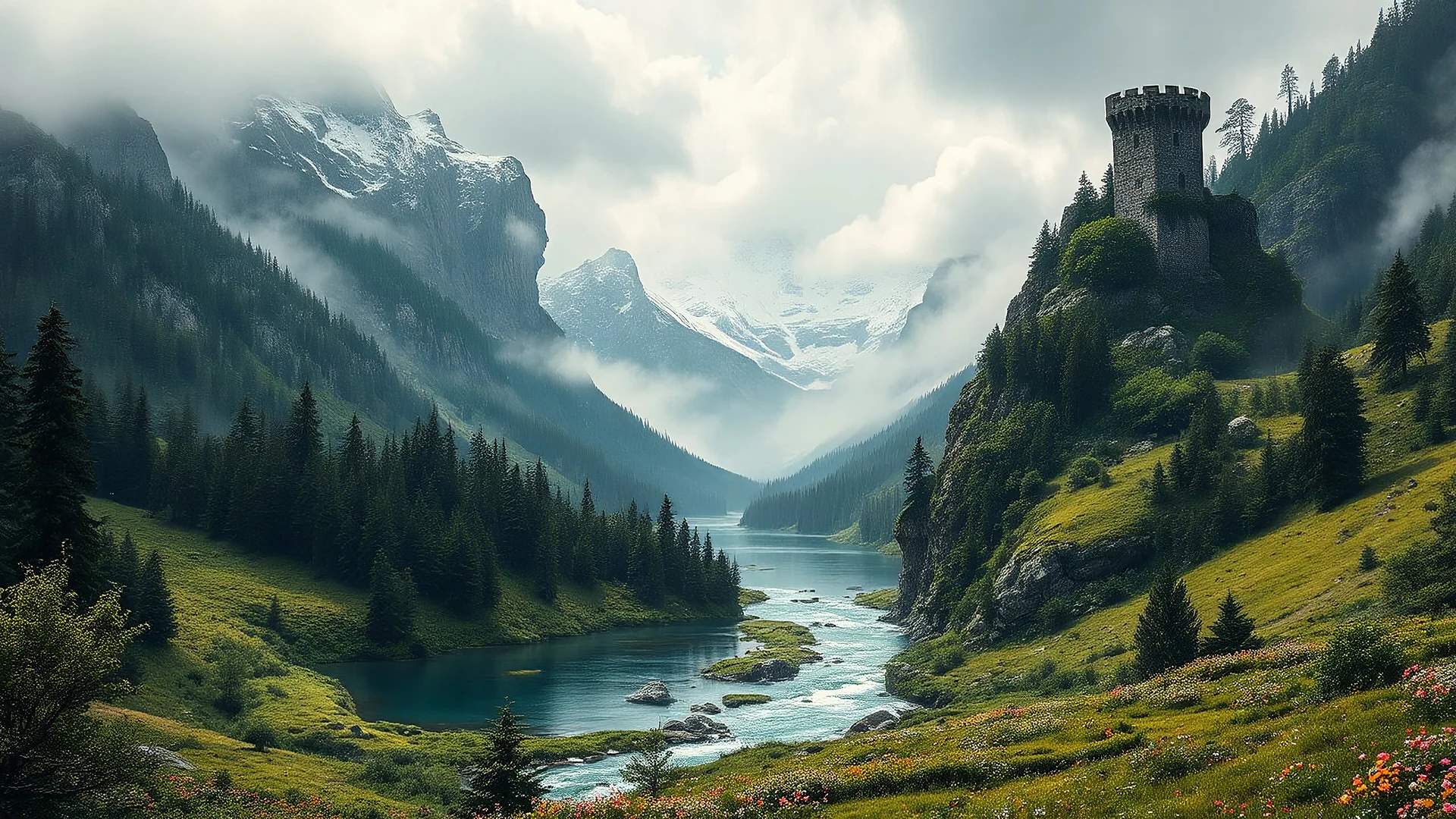 A rugged fantasy landscape unfolds with towering, snow-capped mountains shrouded in mist. Below, dense evergreen forests cover rolling hills, their ancient trees creating a twilight beneath their canopies. A crystal-clear river cascades down from the mountains, forming a tranquil lake surrounded by wildflower-dotted meadows.On the far side of the lake, an ancient, ivy-covered fortress stands on a plateau, overlooking the valley with its crumbling towers. Beyond this, vast grasslands