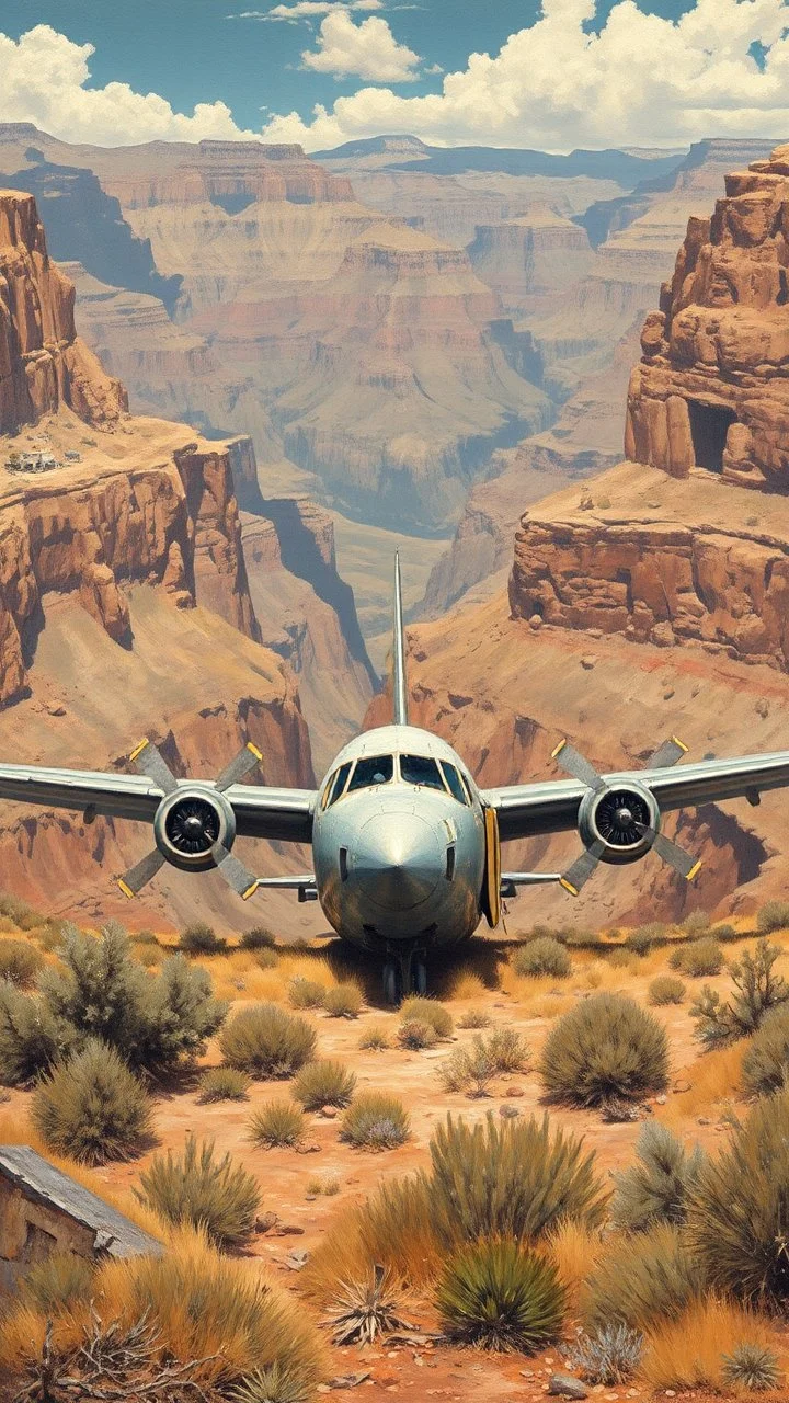 A 1950 commercial airplane with broken glass and doors in front of crashed in the bottom of the Grand Canyon valley, in surrendered by the high Grand Canyon mountains the desert, in a forgotten battlefield over run by vegetation, cutesy tiktok detailed oil painting, grainy, old style