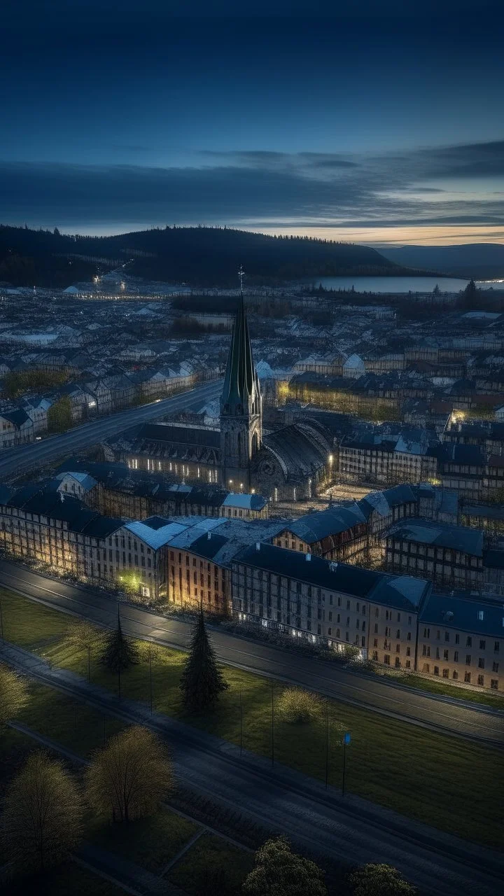 drone shot of Trondheim, shot on Hasselblad h6d-400c, zeiss prime lens, bokeh like f/0.8, tilt-shift lens 8k, high detail, smooth render, down-light, unreal engine, prize winning