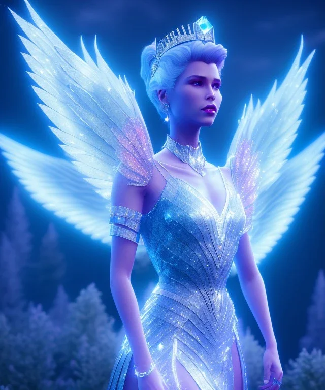 A crystalised queen, atmospheric, realistic, unreal engine, cinematic lighting, octane render. blue, pink, transparency, light, shine,bright, full body, transparent wings, blonde, long hair, nice smile