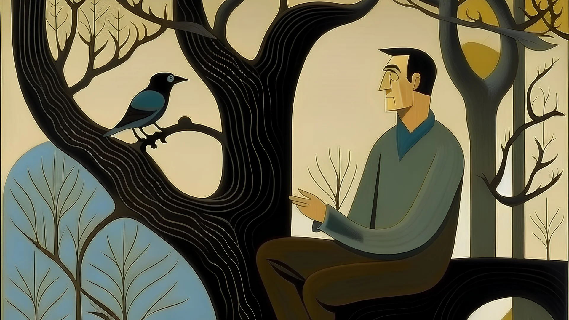 painting of a man sitting on a tree branch with a bird in the background, inspired by Will Barnet