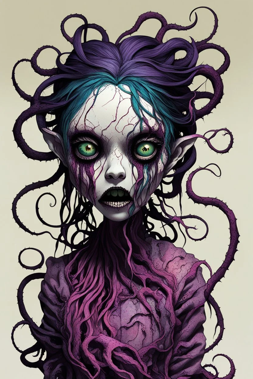 full color, illustration of a dark, menacing, tentacled monster girl, as a decayed, broken, crude homemade cloth doll toy, with a narrow cracked porcelain face, thick dark eyebrows, hair made from ragged strips of cloth, in the style of Brom, Alex Pardee, and Masahiro Ito, bold vibrant color