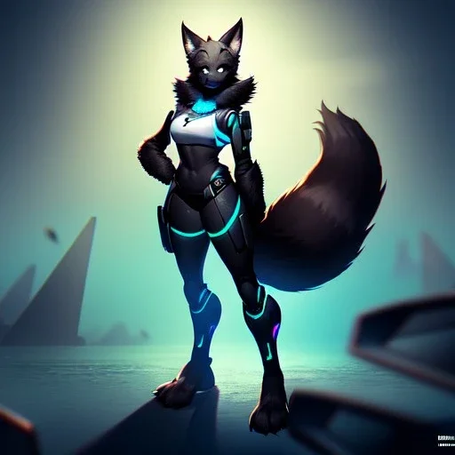 a fox fursona, darker colors, master quality, backlighting, soft lights, full body portrait, in frame, 8k, perfectly drawn face, well drawn, realistic, humanoid, furry, cyberpunk, digitigrade legs, fur, female