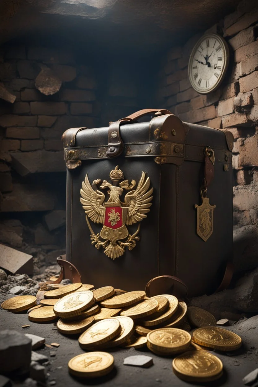 in a LARGE BASEMENT, half-buried in the earth, an ancient, worn-out, worn-out, torn-side valise peeks out, from which gold coins from the time of Catherine the Great fall out. The ancient coat of arms of Russia, the double-headed eagle, is BARELY VISIBLE on the bag. There are a lot of broken bricks and earth around the bag. All in high quality 8K