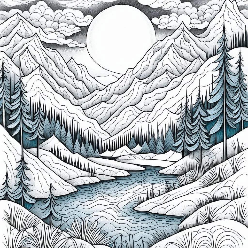 Outline art for coloring page with a cute mountain landscape white background, sketch style, only use outline, clean line art, white background, no shadows, clear outline