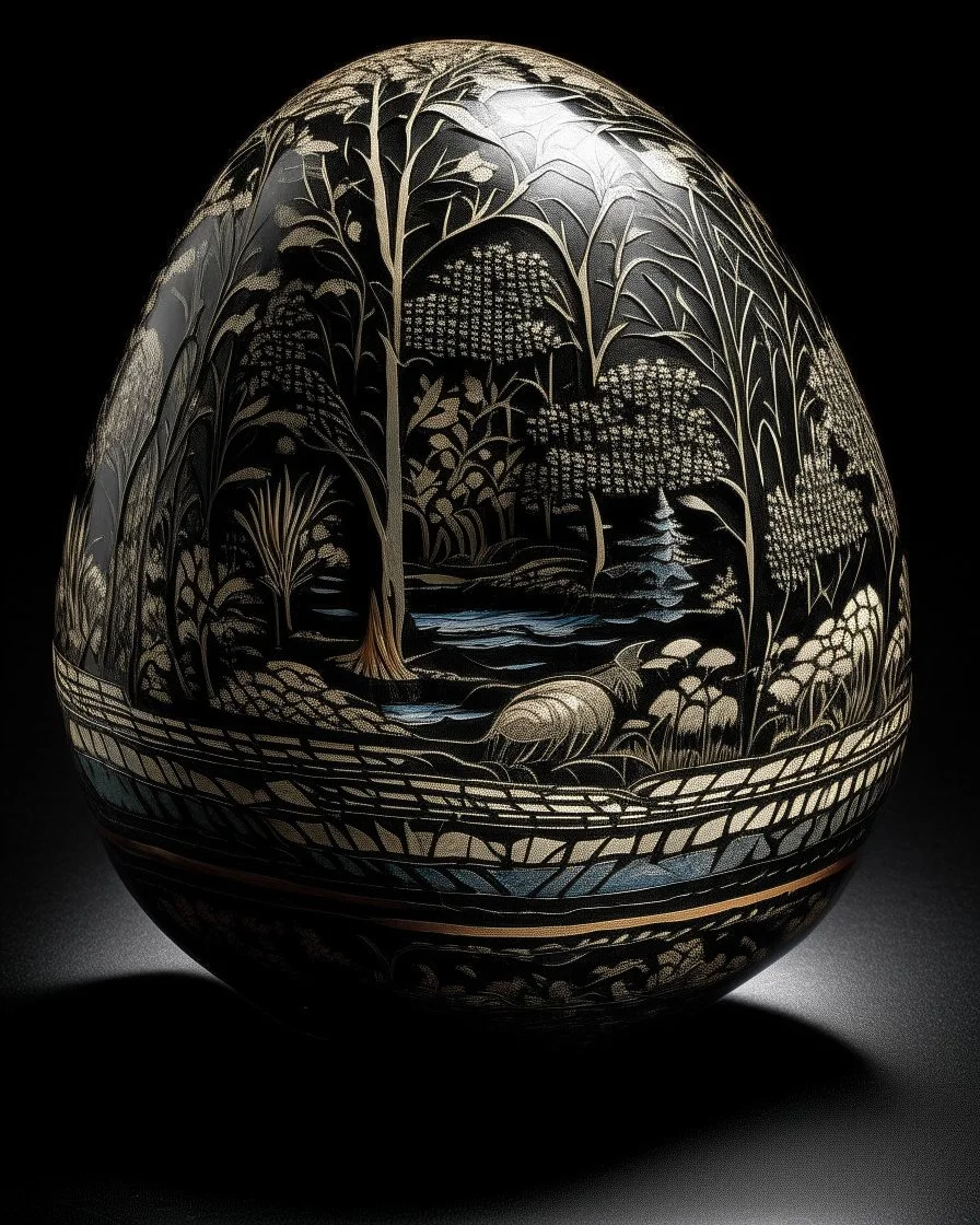 A black shadowy marsh designed in ancient Roman mosaics painted by Peter Carl Faberge