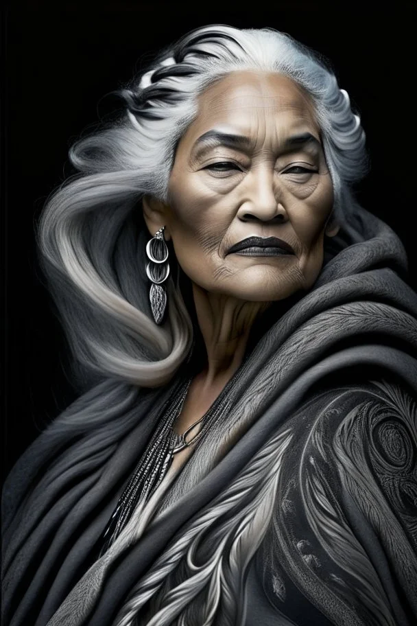 a photo of an Maori woman with ethnic jewelry, grey hair and grey flowing robe, in style of Annie Leibovitz, contemporary portrait of a mature yet beautiful and modernist woman, black and grey, detailed feminine face, swirling fluid smokey enigma, award-winning artwork