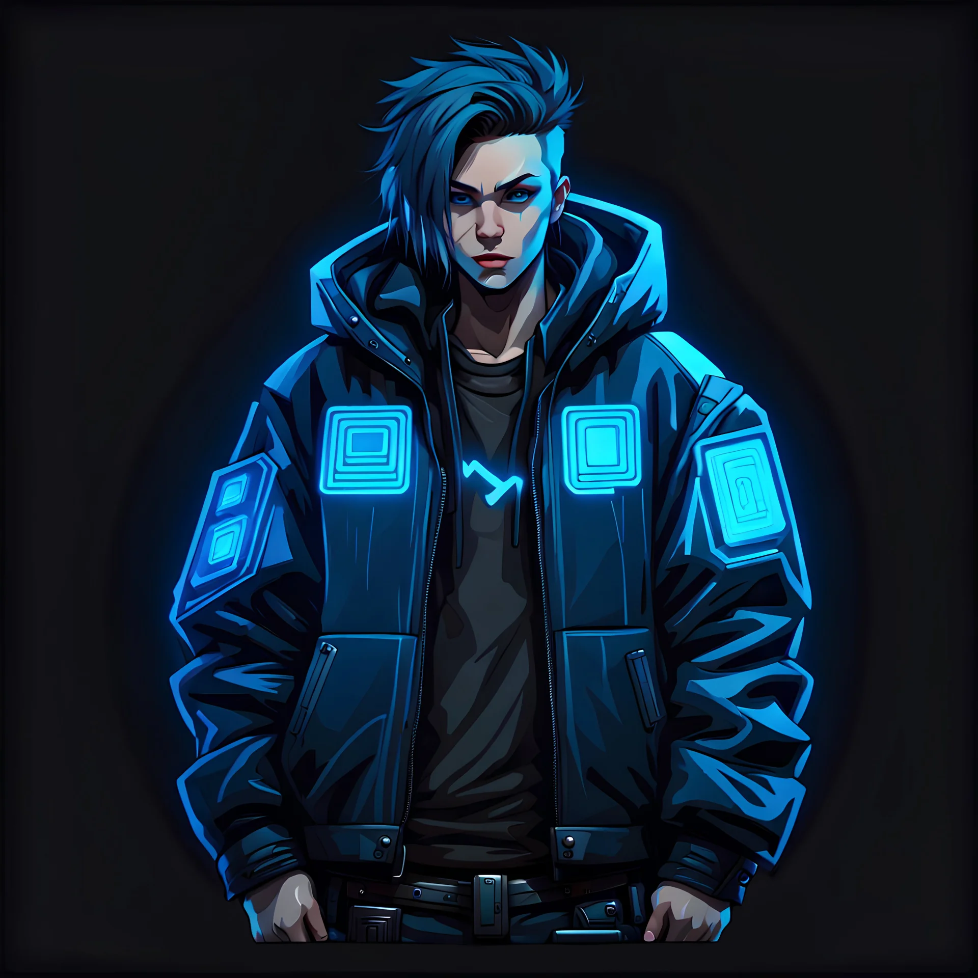 thick jacket, black background, blue, cyberpunk style, video game icon