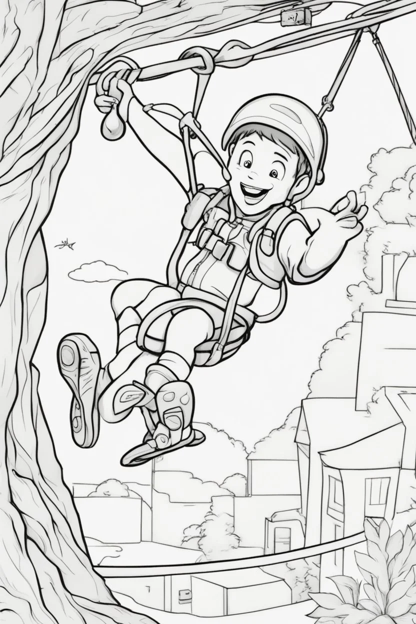 coloring page for kids, zipline, thick outline, low details, no shading, no color