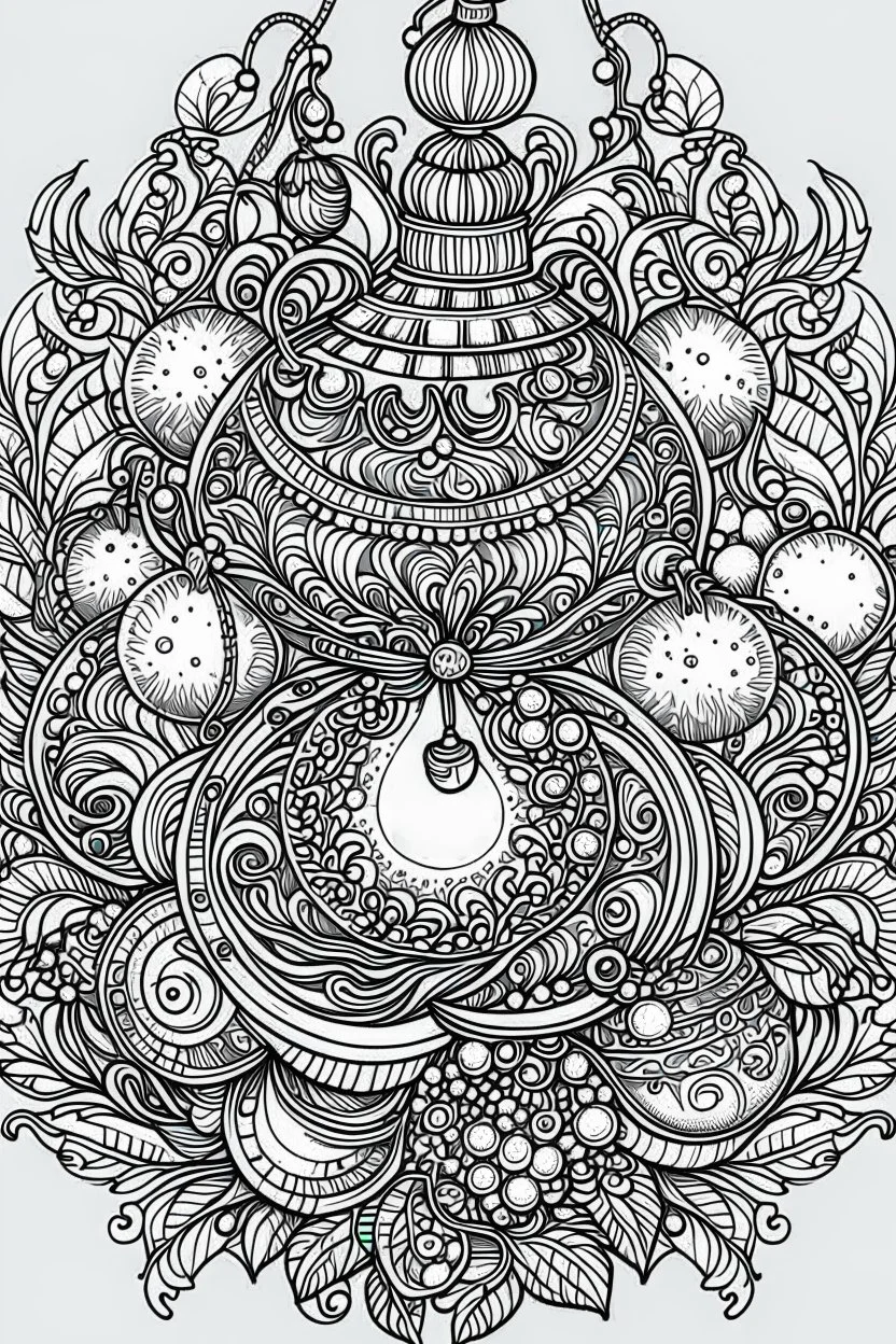 A Christmas ornament coloring book, bold ink line drawing sketch illustration, highly detailed