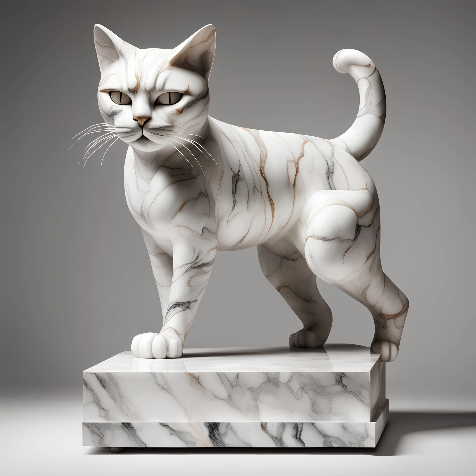A marble display stand and upon it is a fierce cat made of marble and somehow alive, in constructivism art style