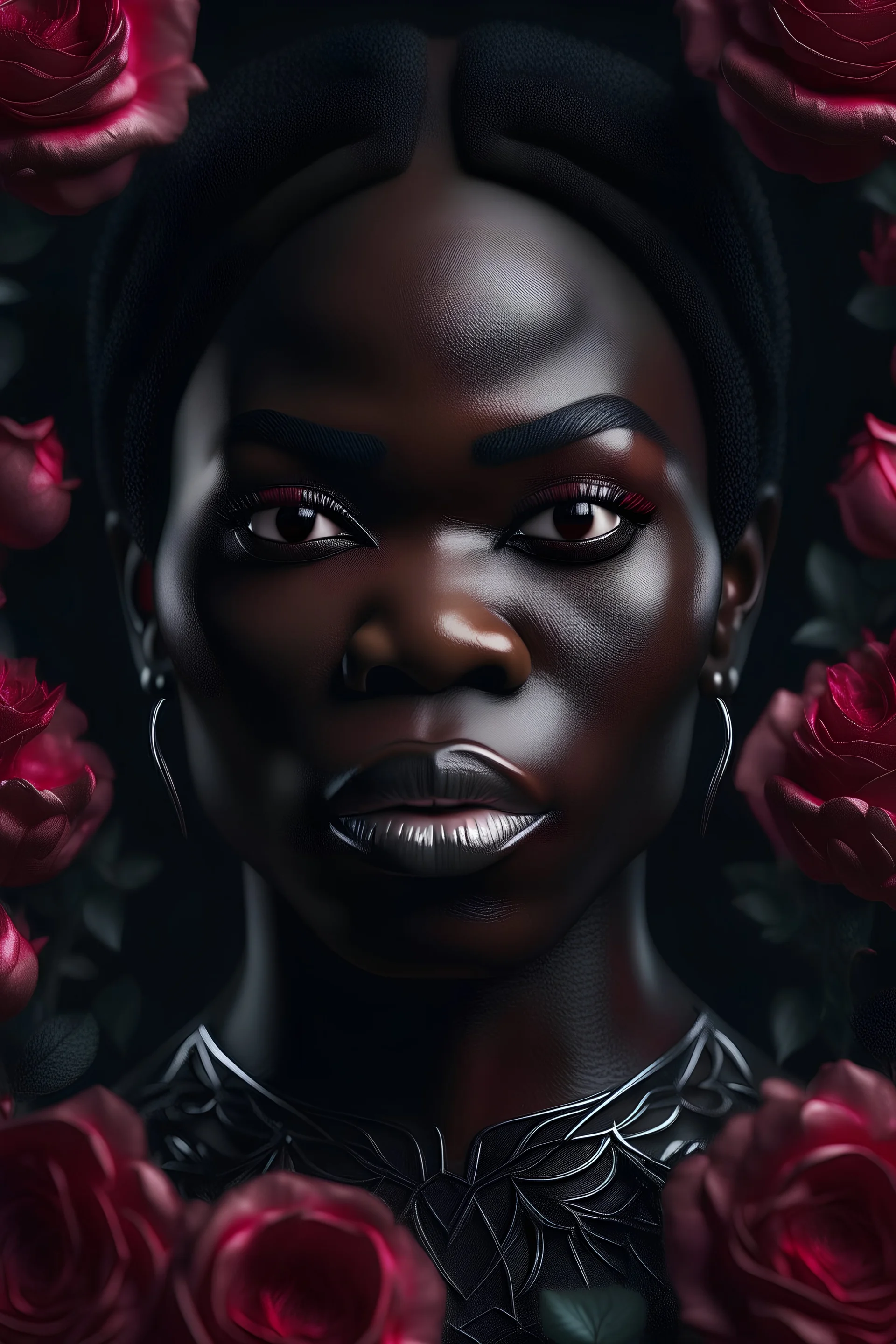 portrait, 1 ebony female surrounded by rose flowers, sharp focus, cinematic lighting, hyper realism, octane render, 8k, hyper detailed, photorealistic, ultra realistic, volumetric lighting, black background