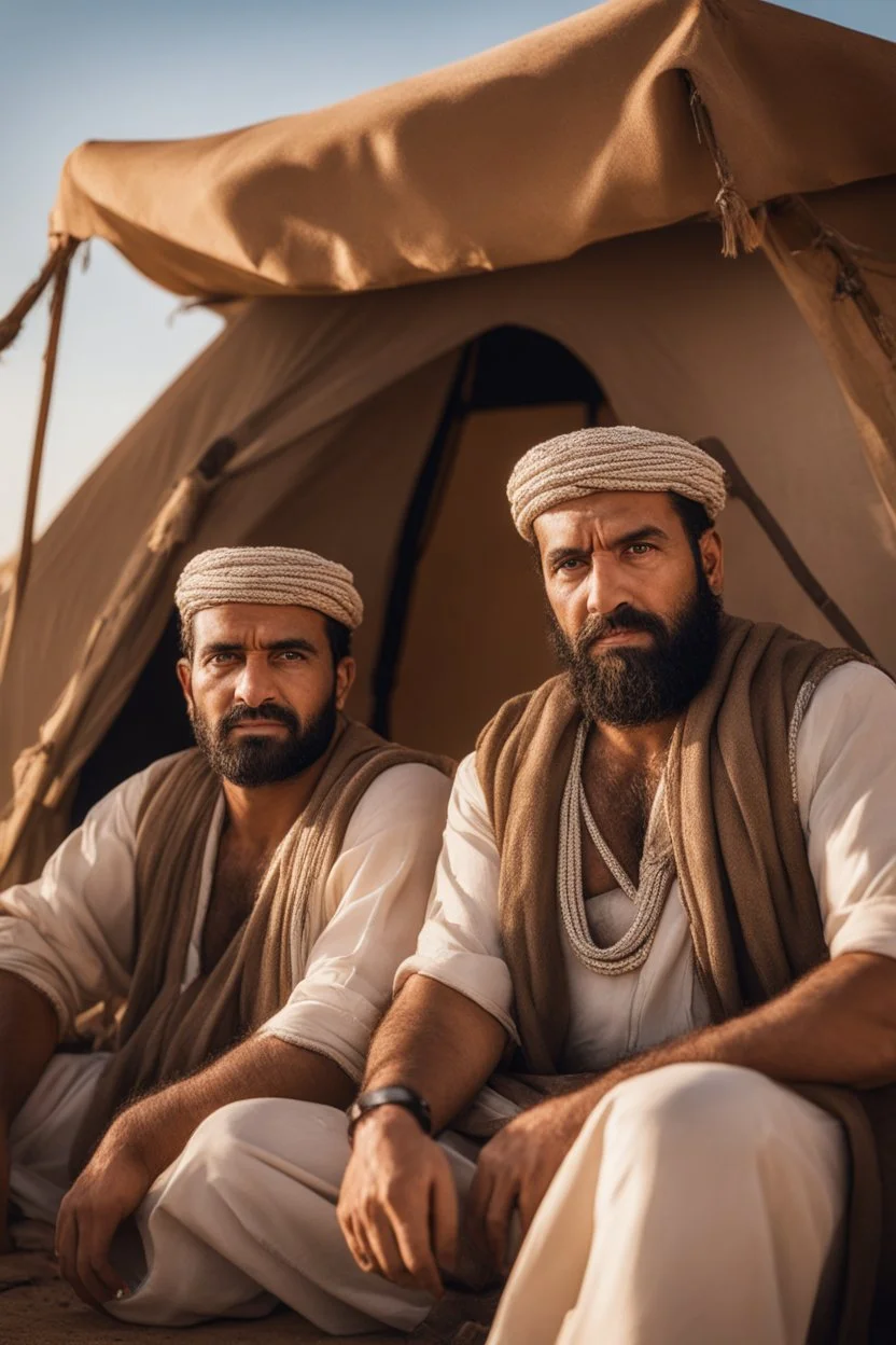 portrait photography of two serious ugly brawn 35-year-old burly beefy bullneck arabs tourist guides wearing traditional clothes, shirtless, big shoulders, hairy chest, manly chest, with very bushy eyebrows, photorealistic, sunlight, ambient occlusion, strong side light , inside a camping tent in the desert