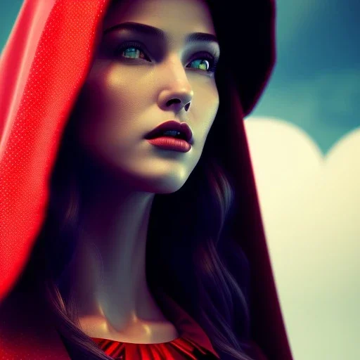 Head to shoulder portrait little red riding hood, by tim burton, cinematic lighting, Hyperrealism, 8k uhd, depth of field, photography, unreal engine, octane render, raytracing, cgi, lumen reflections, cgsociety, ultra realistic, volumetric fog, insanely detailed, intricate golden ratio