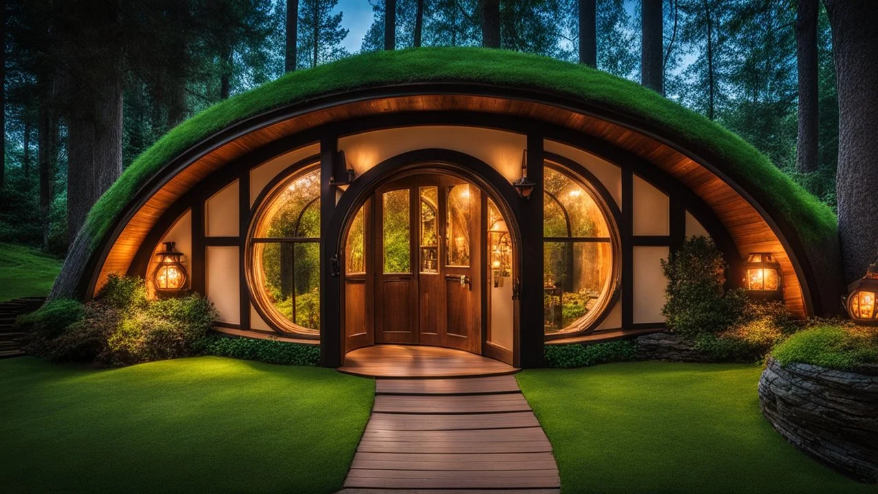 a perfectly round enclosed hobbit home in the woods surrounded by trees, night, hobbit-style circular door with central knocker, circular hobbit-style windows looking into warm cozy living room, home has green grass roof, lanterns, starlight, quaint, homely. All images completely in a round circle on a black canvas