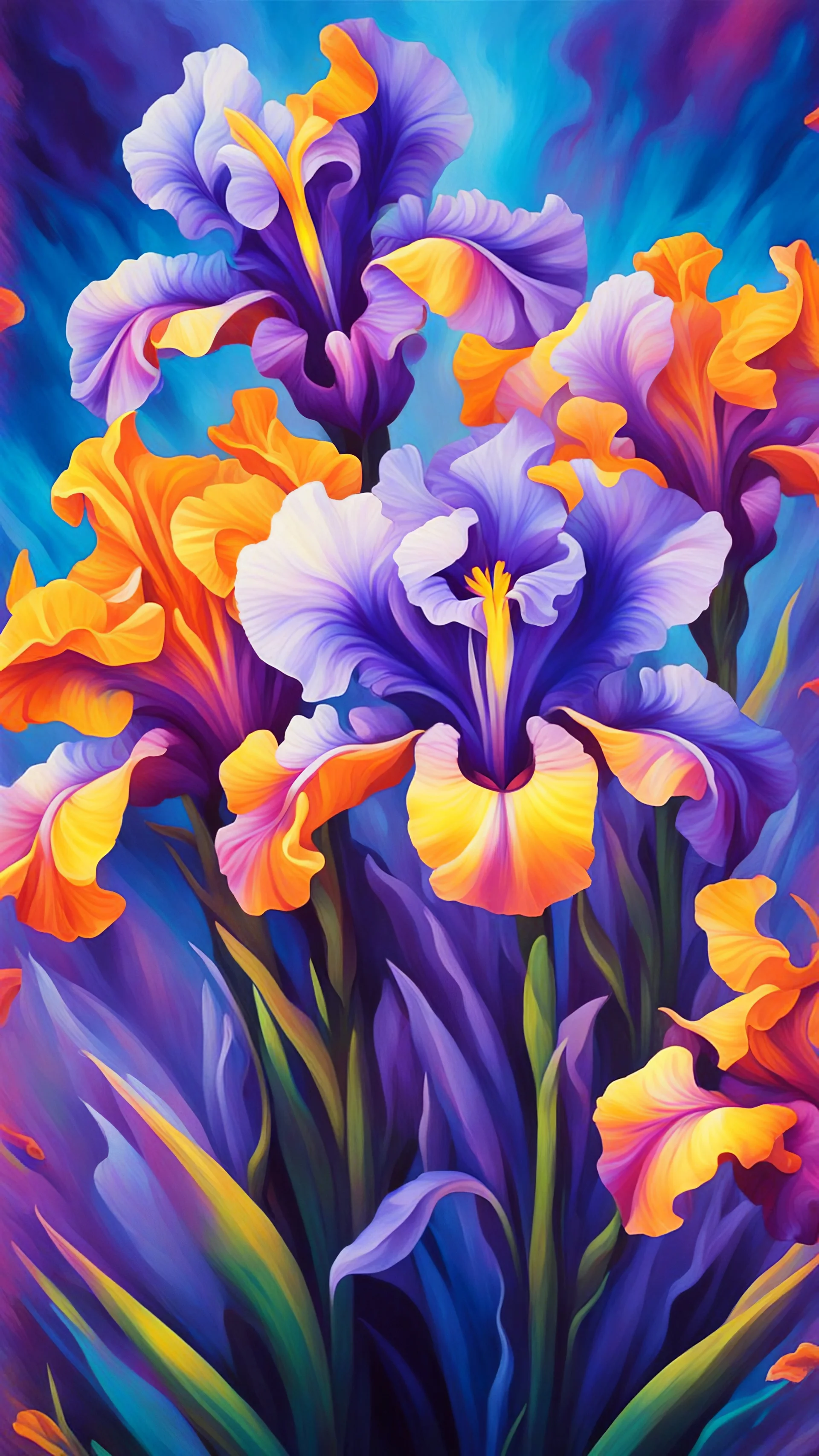 vibrant psychedelic oil painting image, airbrush, 64k, cartoon art image of background colorful iris flowers , dystopian