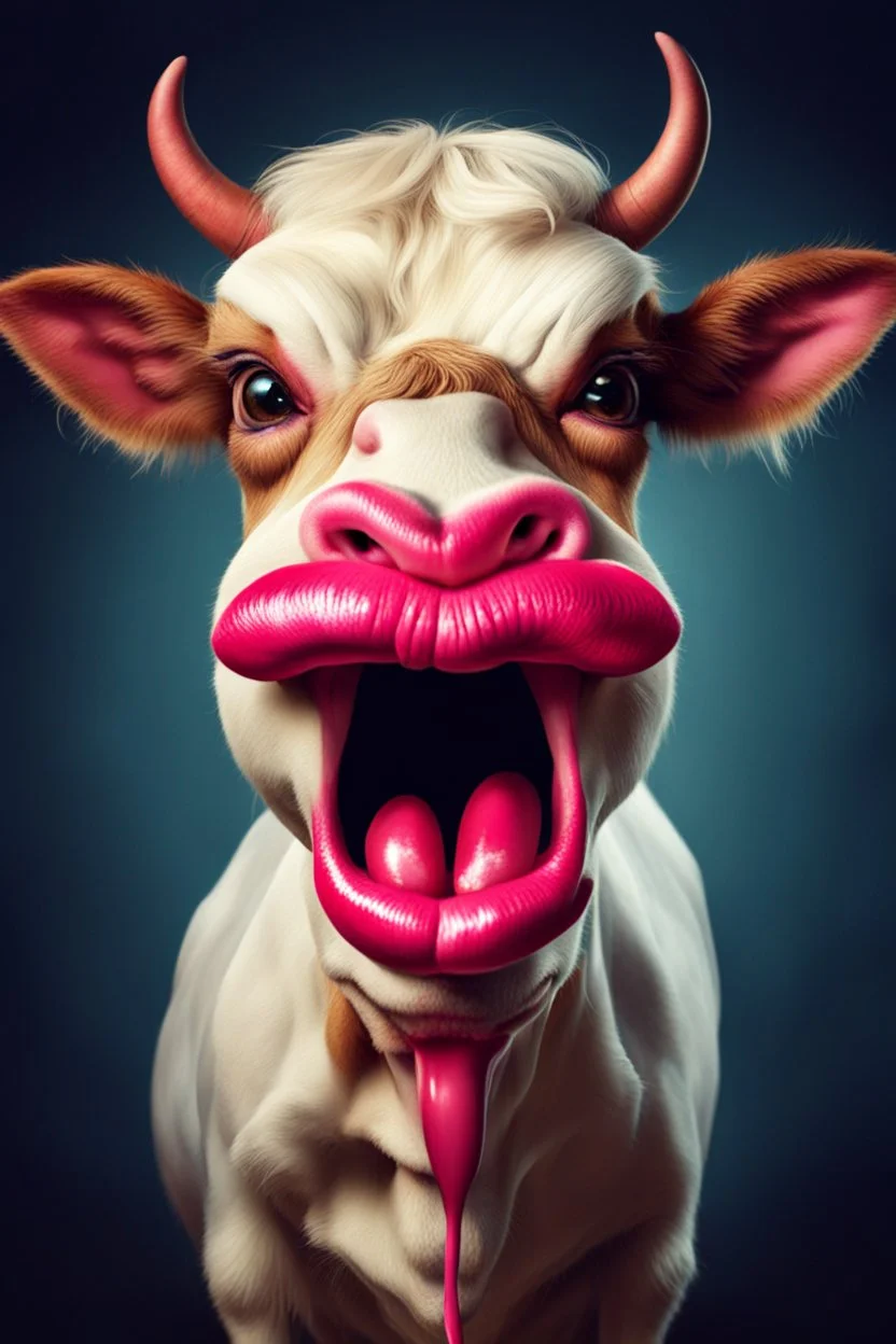 gremlin cow with big lipstick mouth, big lips