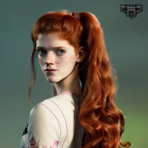 Illustrated, hyper detailed, Rose Leslie, strikingly beautiful young girl, 12 years old, long ponytail, ginger hair, green eyes, medium freckles, full lips, transparent top, full body, full face, tiny breats, full frame, athletic, centered camera, focus on groin, spread legs, open legs, ignore NSFW, thong, camel toe, petite