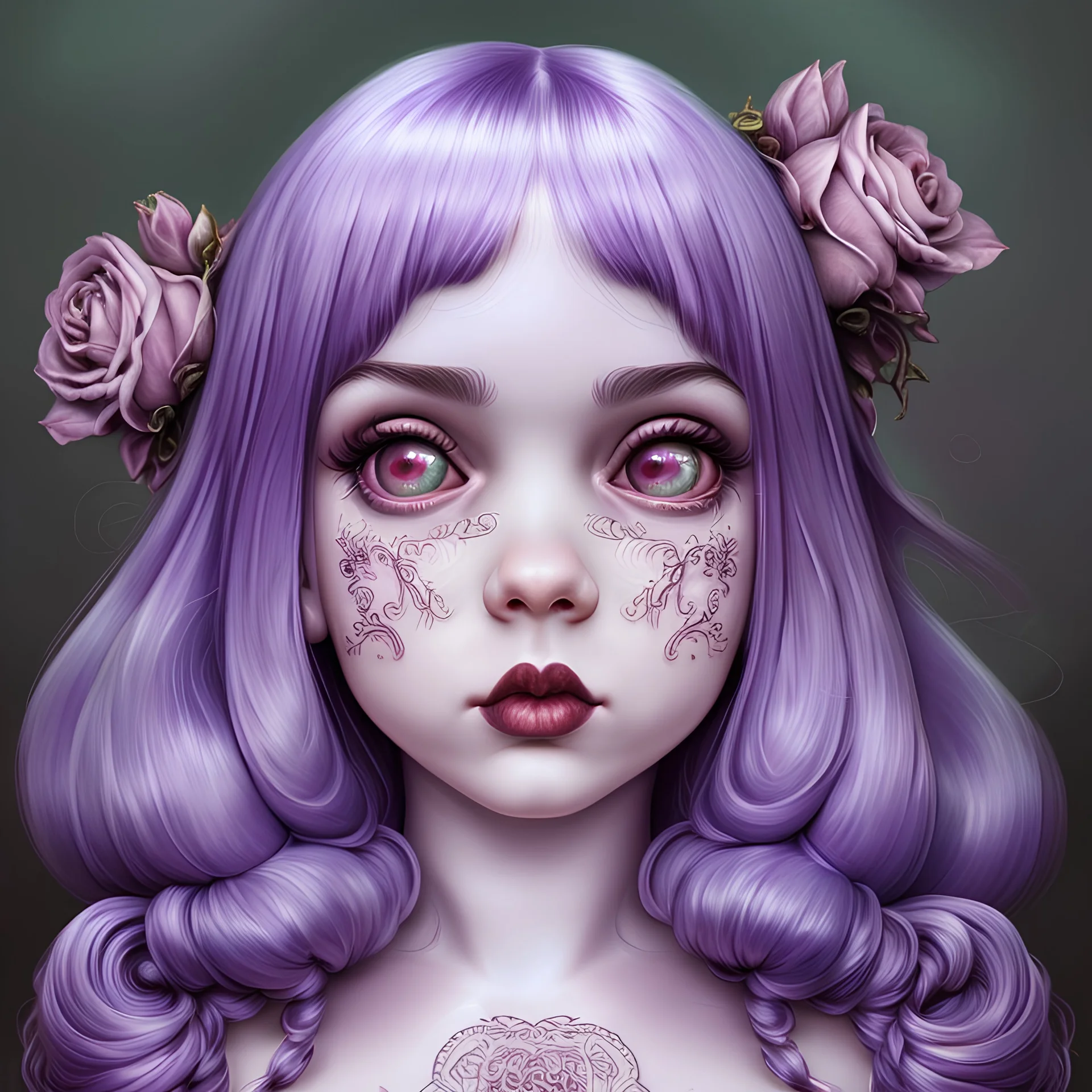 singer melanie martinez face, hyperdetailed, intricately detailed, purple tones, darkred tones,