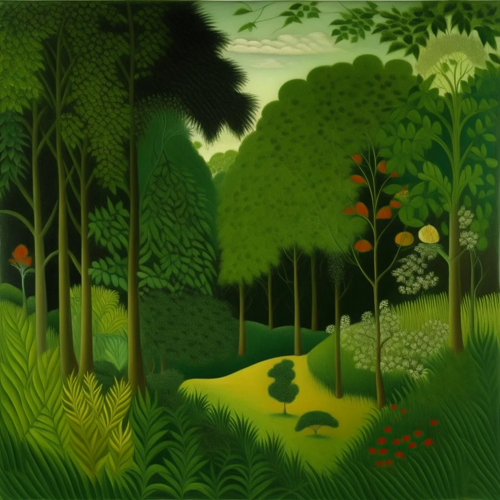 A green leafy forest painted by Henri Rousseau