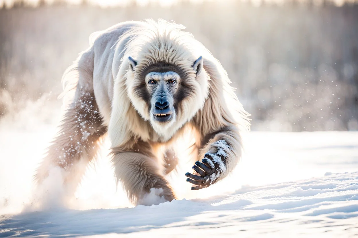 Dynamic action shot of a Yeti hunting during Alberta snow, [captured by Nikon D850 with a 70-200mm lens], winning awards photography, in the style of Nick Brandt, God-rays