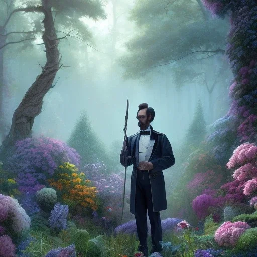 pixar style, volumetric summer garden environment and background, realistic painting of abraham lincoln, looking excited, volumetric lighting, dramatic lighting, detailed digital painting, extreme dense and fine fur, anime, ornate, colour-washed colors, elegant, small minutiae, tiny features, particulars, centered, smooth, sharp focus, renderman gofur render, 8k, uhd, detailed eyes, realistic shaded volumetric lighting, sunlight caustics, backlight, centered camera view