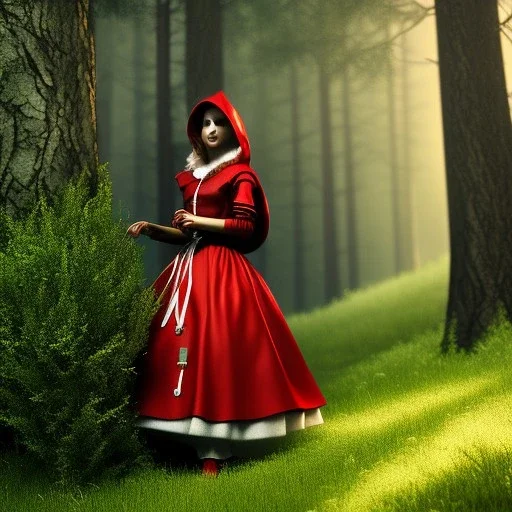 little red riding hood, by tim burton, cinematic lighting, Hyperrealism, 8k uhd, depth of field, photography, unreal engine, octane render, raytracing, cgi, lumen reflections, cgsociety, ultra realistic, volumetric fog, insanely detailed, intricate