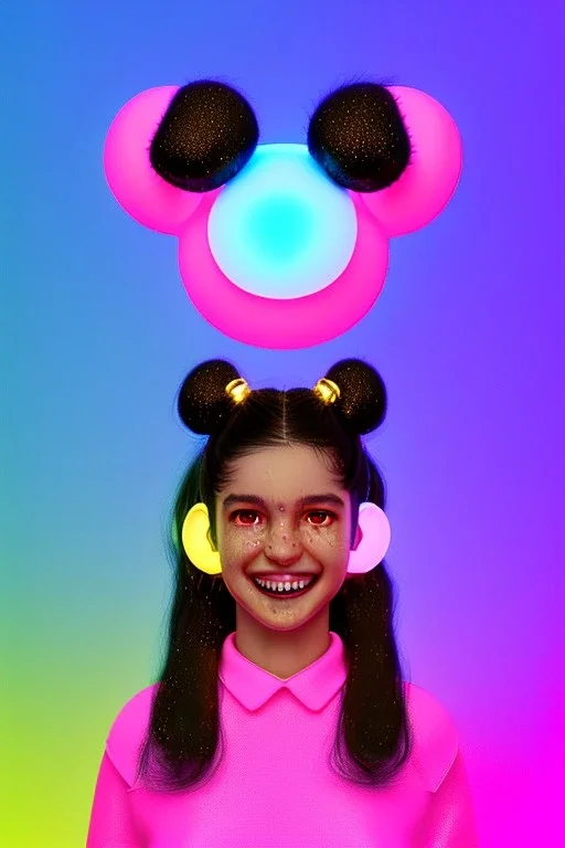 Rosalía artist, Ultra Realistic image, waist up portrait, perfect gold teeth, black eye line, sweet smile face, pigtails hair, spray line make up, geometric, gold, big rings piercing, led ornament, bubble latex coat, inflatable, cold, led lights, geometric, neon, pink, blue, gold, vibrant color, highly detailed, art stations, concept art, smooth, unreal engine 5, god rays, ray tracing, RTX, lumen lighting, ultra detail, volumetric lighting, 3d, finely drawn, high definition, high resolution.