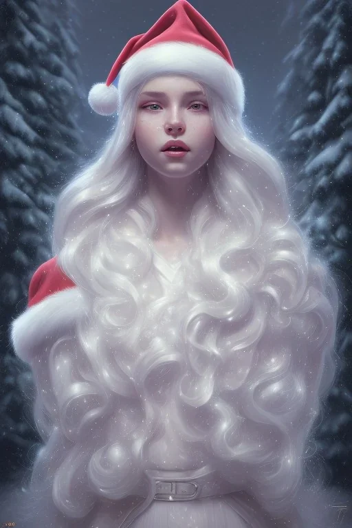 girl, cute, beautiful, long eyelashes, white hair, Santa hat, snowflakes, Christmas dress, closed mouth, head and shoulders portrait, 8k resolution concept art portrait by Greg Rutkowski, Artgerm, WLOP, Alphonse Mucha dynamic lighting hyperdetailed intricately detailed Splash art trending on Artstation triadic colors Unreal Engine 5 volumetric lighting