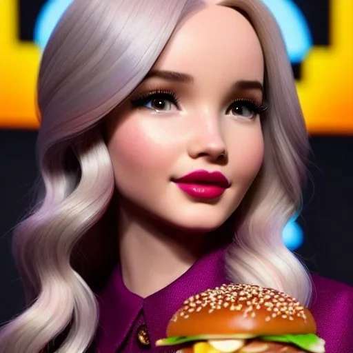 Dove Cameron's highly detailed beautiful face, meticulously detailed multi-hued hair; Happy Meal, cheeseburger, fries, cyberpunk, digital painting, artstation, smooth, sharp focus, flowing, illustration, art by Lisa Frank, artgerm, Greg Rutkowski, Alphonse Mucha and William-Adolphe Bouguereau, cyberpunk, Unreal Engine 5