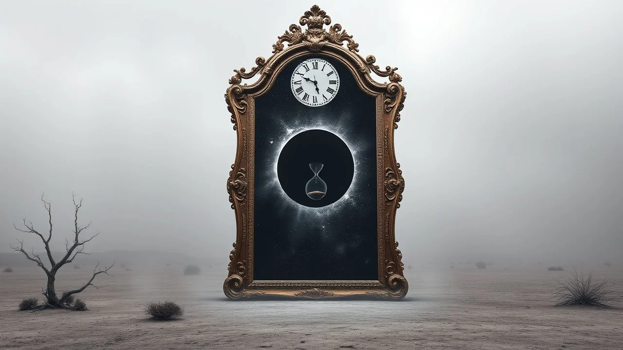 A monumental baroque mirror standing in empty gray desert landscape Cold gray reality outside the mirror, subtle fog. antique clock above the frame showing exactly 12:00. Inside the mirror lies the Realm of Midnight: a colossal black eclipse above an endless cosmic abyss, melting stars, brocken hourglass inside the mystic mirror, and big abyss of universum, the mirror one gate into the physical dimension. Dark surreal vibe,