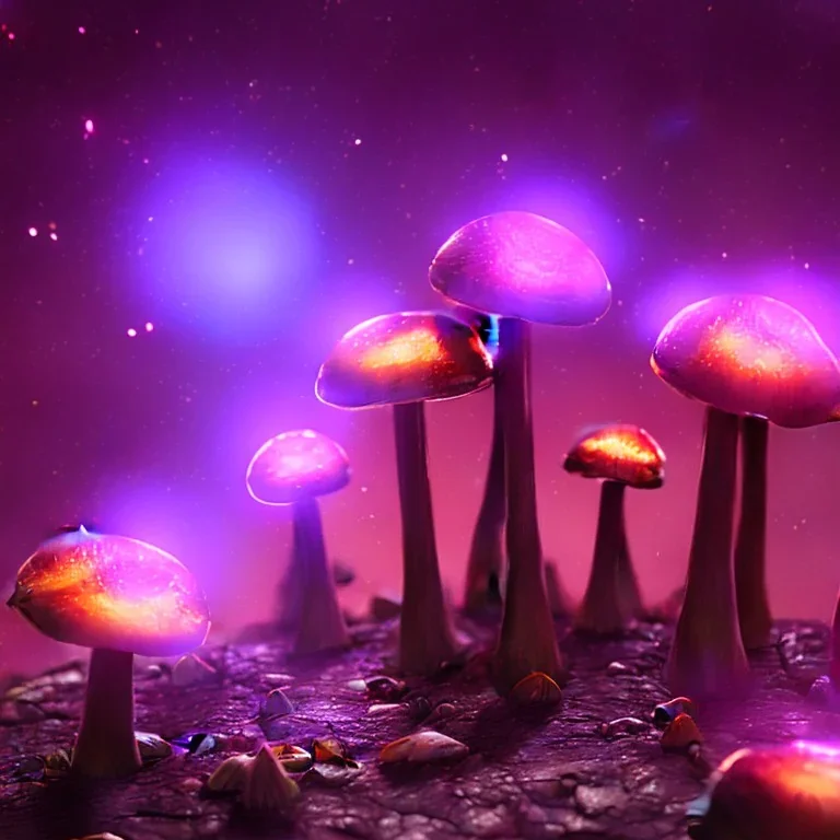 metal MUSHROOMs stars galazy SPACE lANDSCAPE BURNING IN PURPLE FLAMES