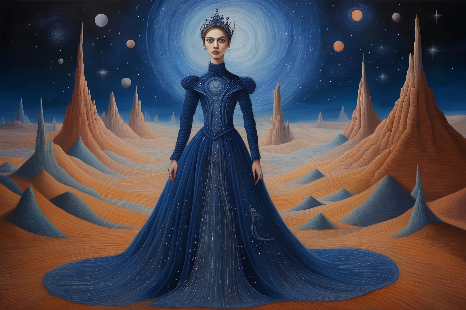 Armenian Techno Fashion Avant-Garde sci-fi translucent embroidered futuristic Star Wars Space Opera beautiful Princess soft Sparkle gown, jelly, dark Blue night, austrian symbolism, Capture thrilling epic Tolkien adventure, in undiscovered oil pastel painting by Remedios Varo