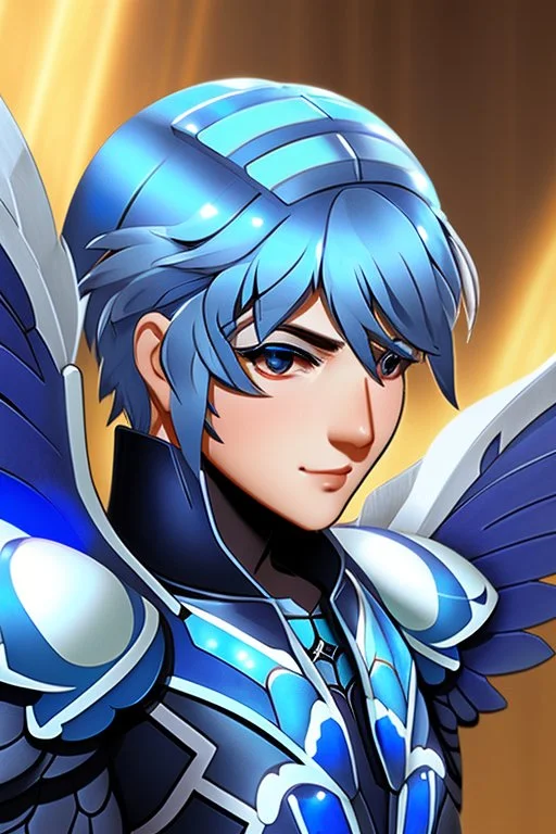 a human male with blue short hair and blue wings in an assymetrical armor with geometric patterns and a book in hand