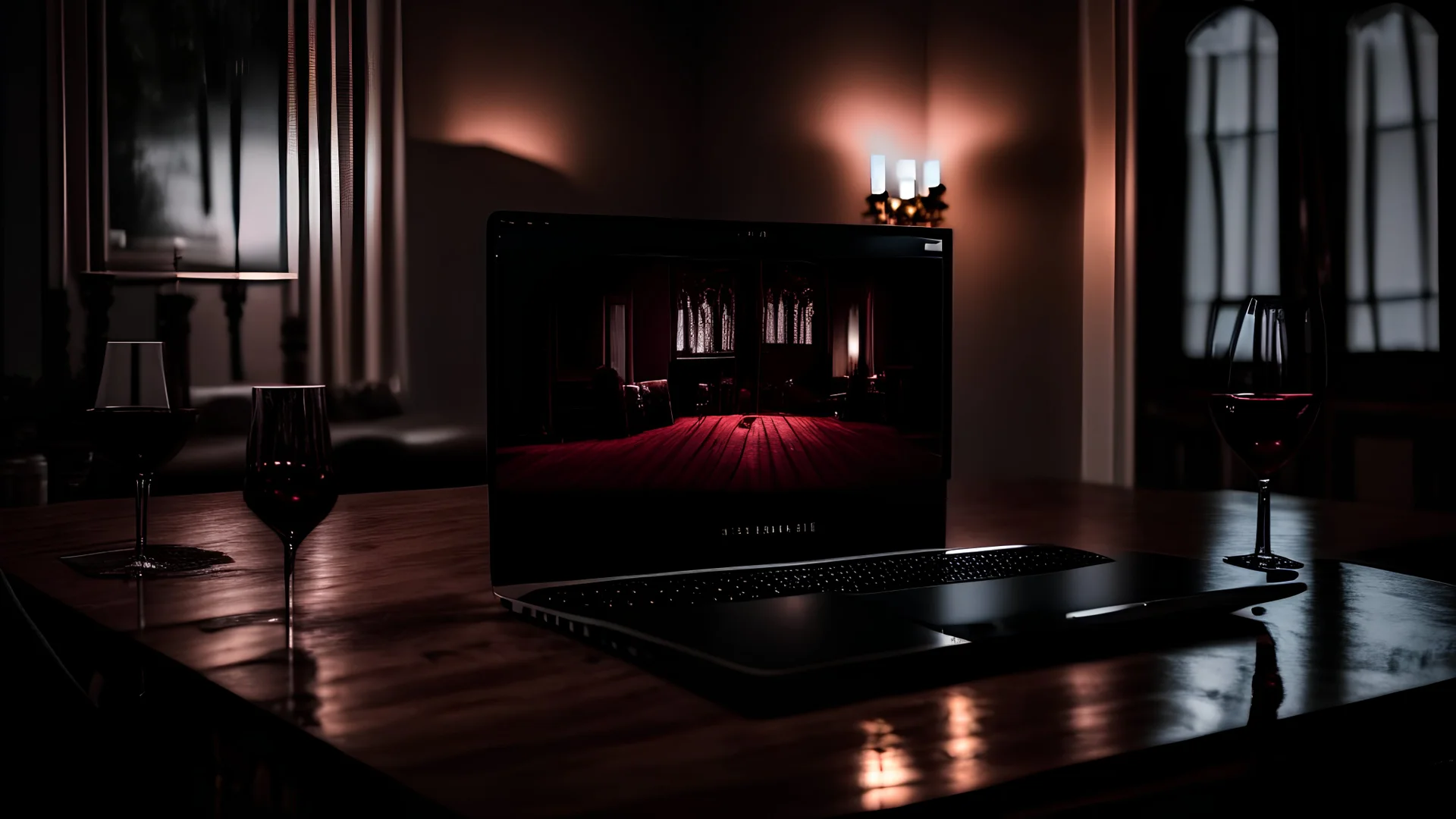 A photo on the main screen of a laptop for an eerily mysterious, hidden and rich person: A rich house from the inside in high-tech style, black and burgundy. A rich hall, in the same colors and in the same style. There is 1 elegant glass of wine on the table. The table is long and wide, charcoal. The whole room is darkened, exclusively in black, charcoal and crimson. The borders of the room are illuminated by fluorescent crimson lamps along the rooms. The room should be eerily darkened, saturate