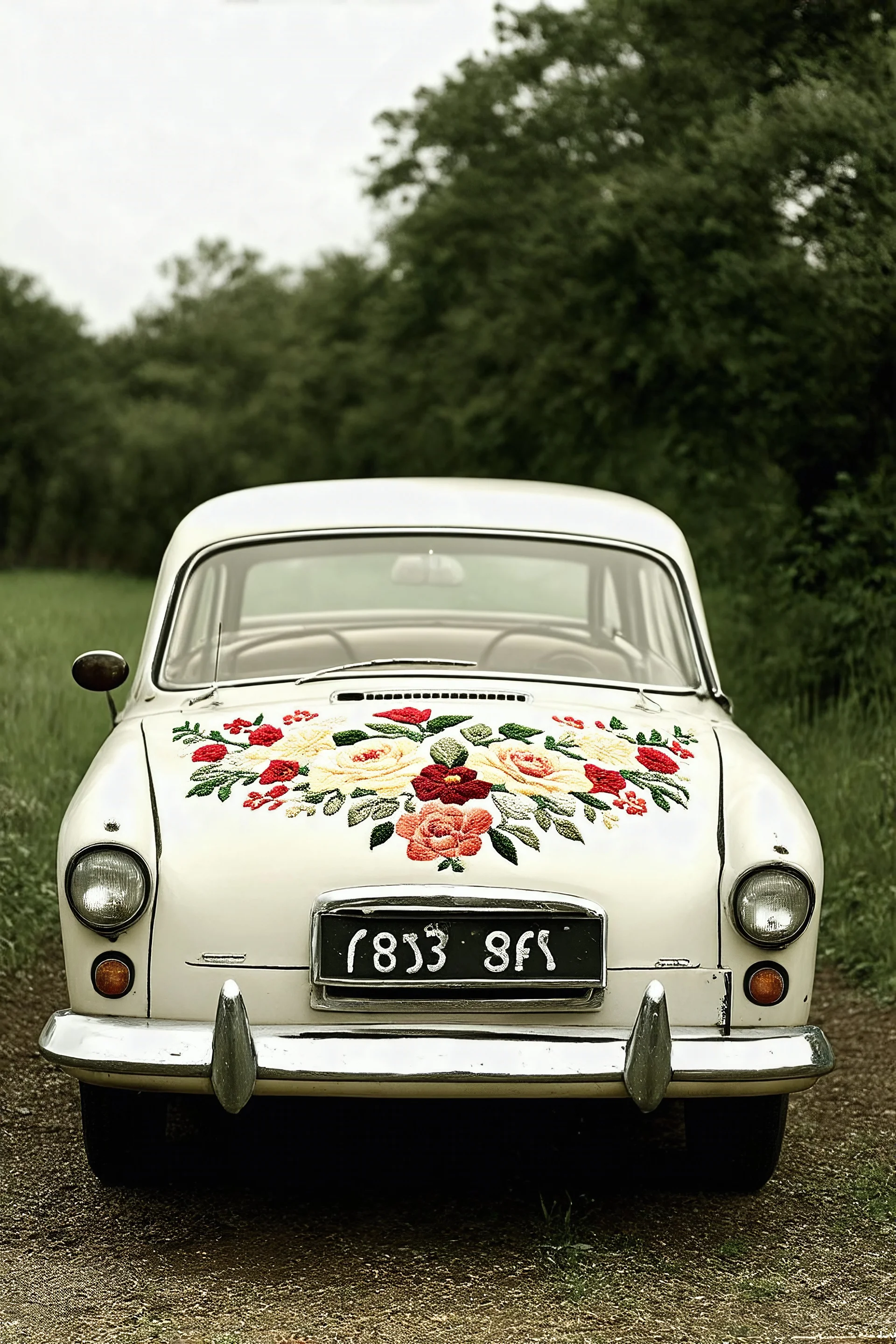 Une voiture avec des fleurs brodees, , tintype