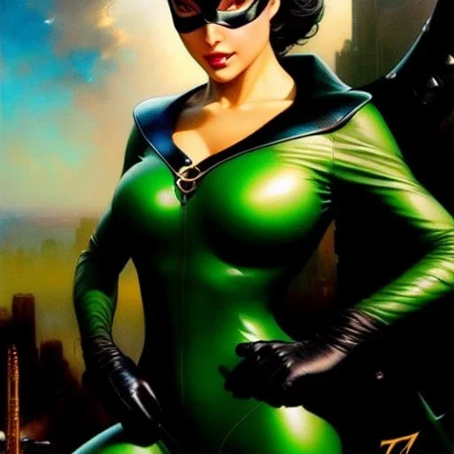 portrait 'beautiful Sexy Busty CatWoman',crystal clear green eyes,painting by gaston bussiere, greg rutkowski, yoji shinkawa, yoshitaka amano, tsutomu nihei, donato giancola, tim hildebrandt, oil on canvas, cinematic composition, extreme detail,fit full head inside picture,32k