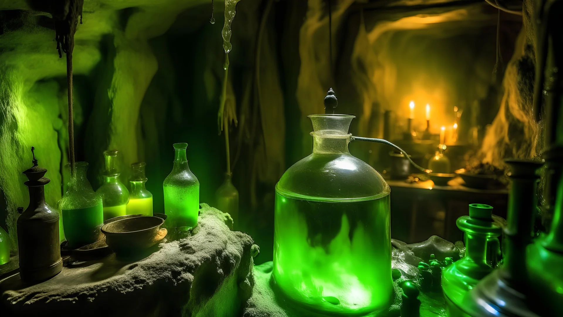 the process of absinthe distillation in the style of an ancient cave painting