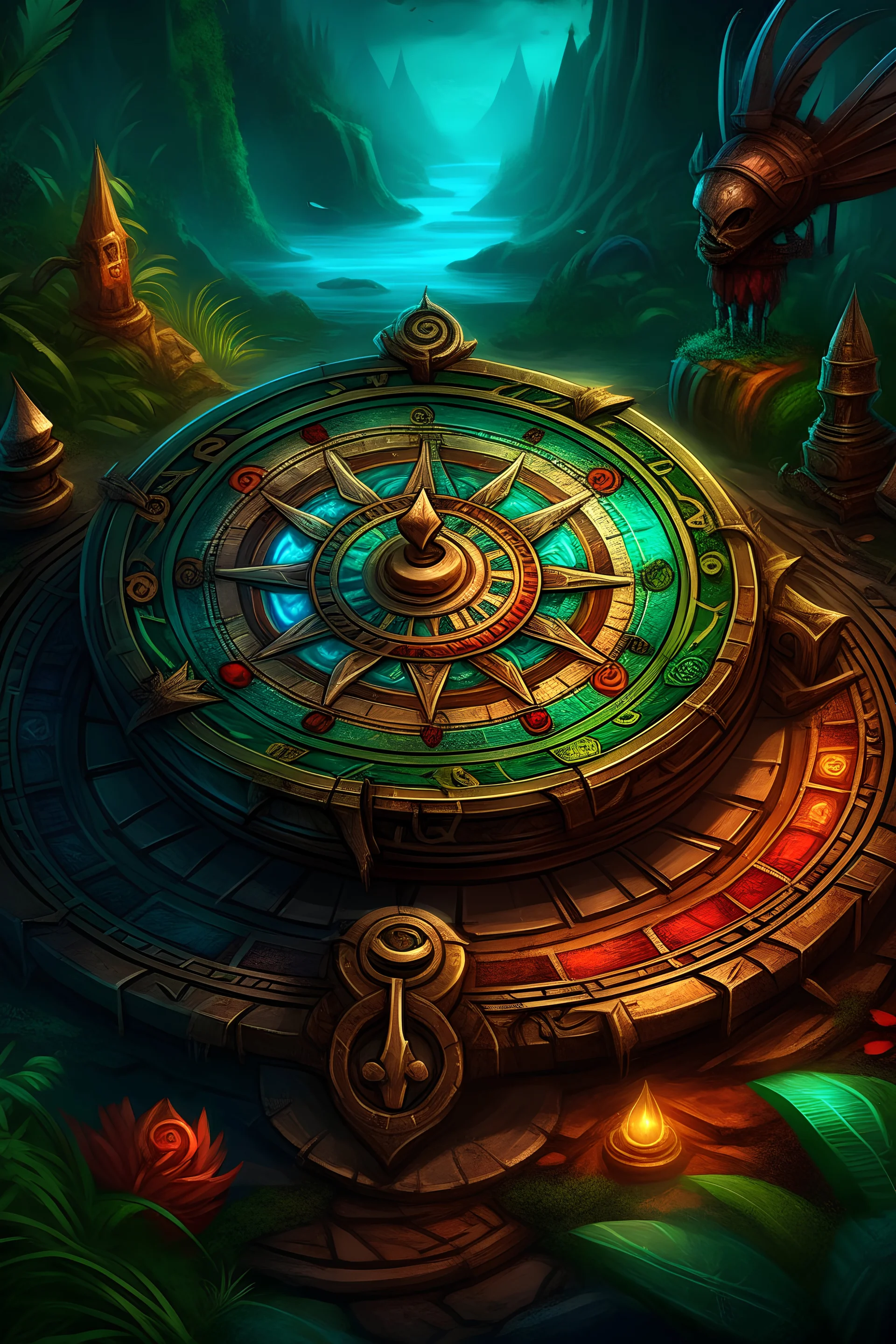 Digital art illustration of the ancient compass of guidance, a card with intricate detailing and ancient symbols, designed to guide players and provide them with the ability to rearrange piles on the game board, allowing complete control over the game strategy. the illustration will capture the essence of adventure and mystery, with a touch of fantasy, using vibrant colors and digital painting techniques.