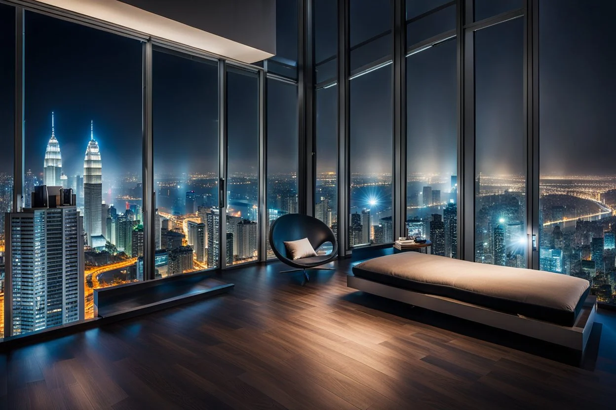 in luxury room in top floor of skyscrapper in moder city at night sky, ,city scape at backgrownd