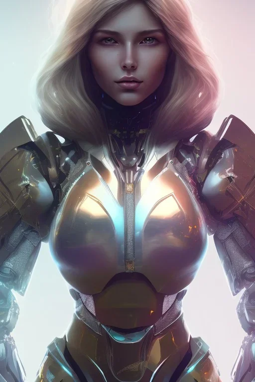 Hannah Hoekstra, robotic armor, cristal brown eyes, portrait busty and face, light effects, particles, explosion fire,