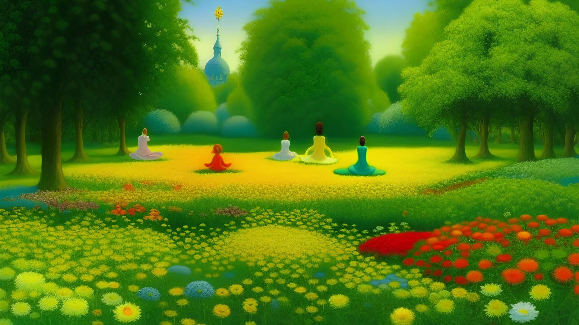 An oil painting by Moebius and Seurat of people practicing yoga surrounded by blooming flowers and lush vegetation.