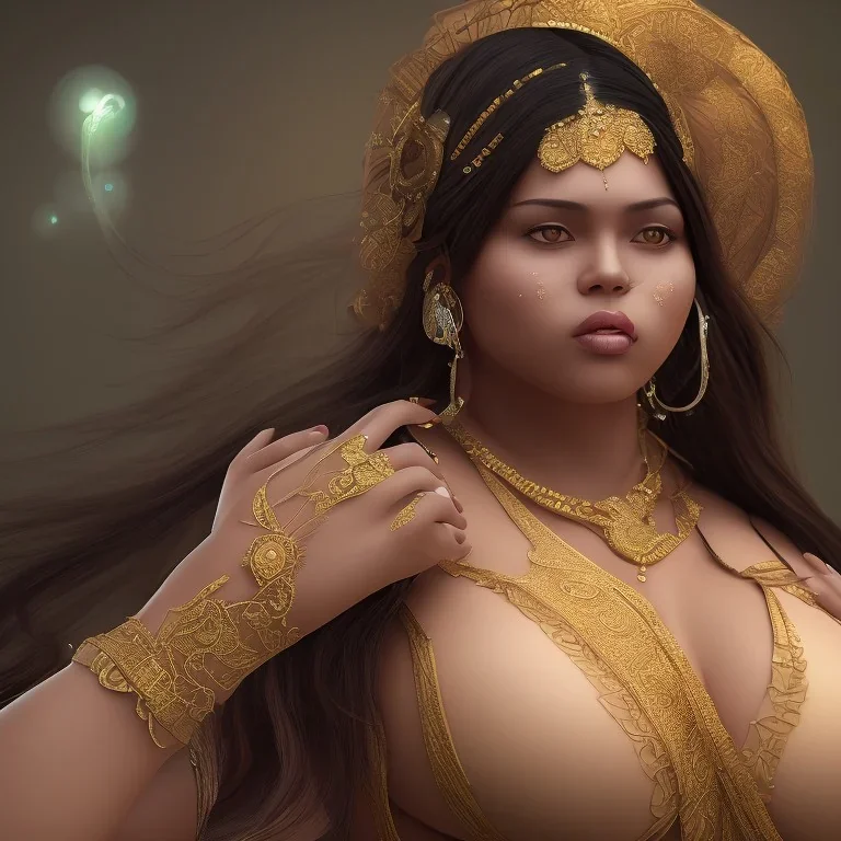 wonderful fat brazilian woman, wearing indian clothes, long black hair, 4k, many details, very realistic, fog particles,